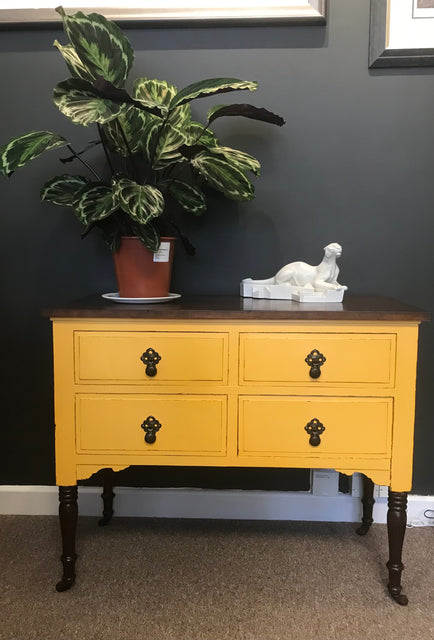 Bright yellow set of 4 drawers against a black wall with a large green plant and and small white statue on top of it.